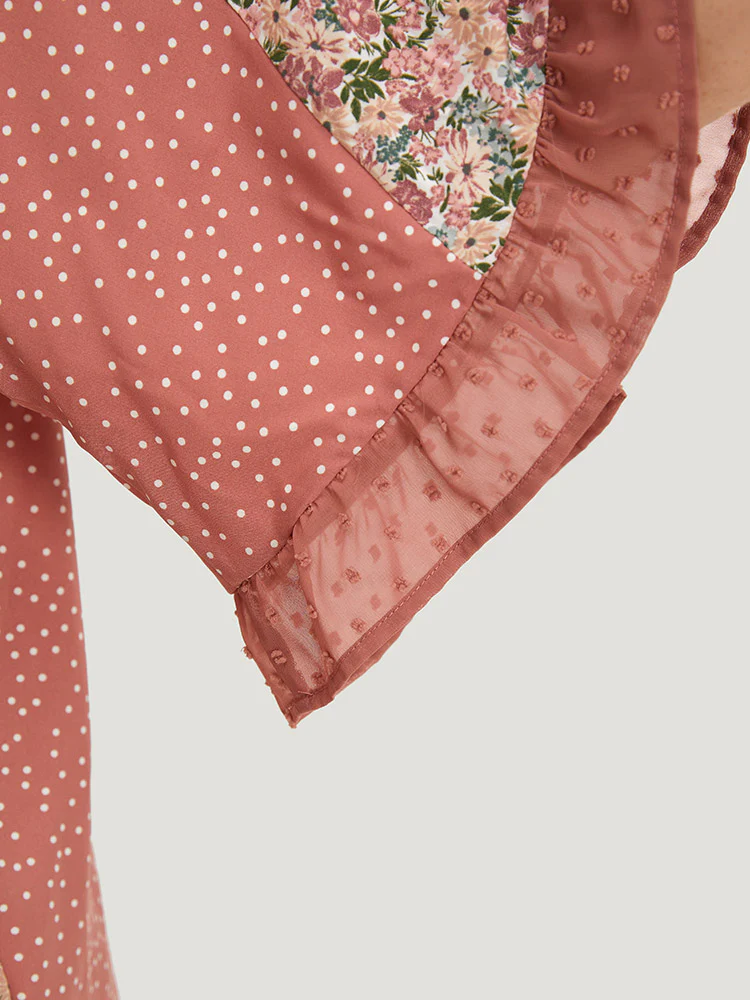 Polka Dot & Ditsy Floral Flounce Sleeve Lace Up Blouse - Image 9