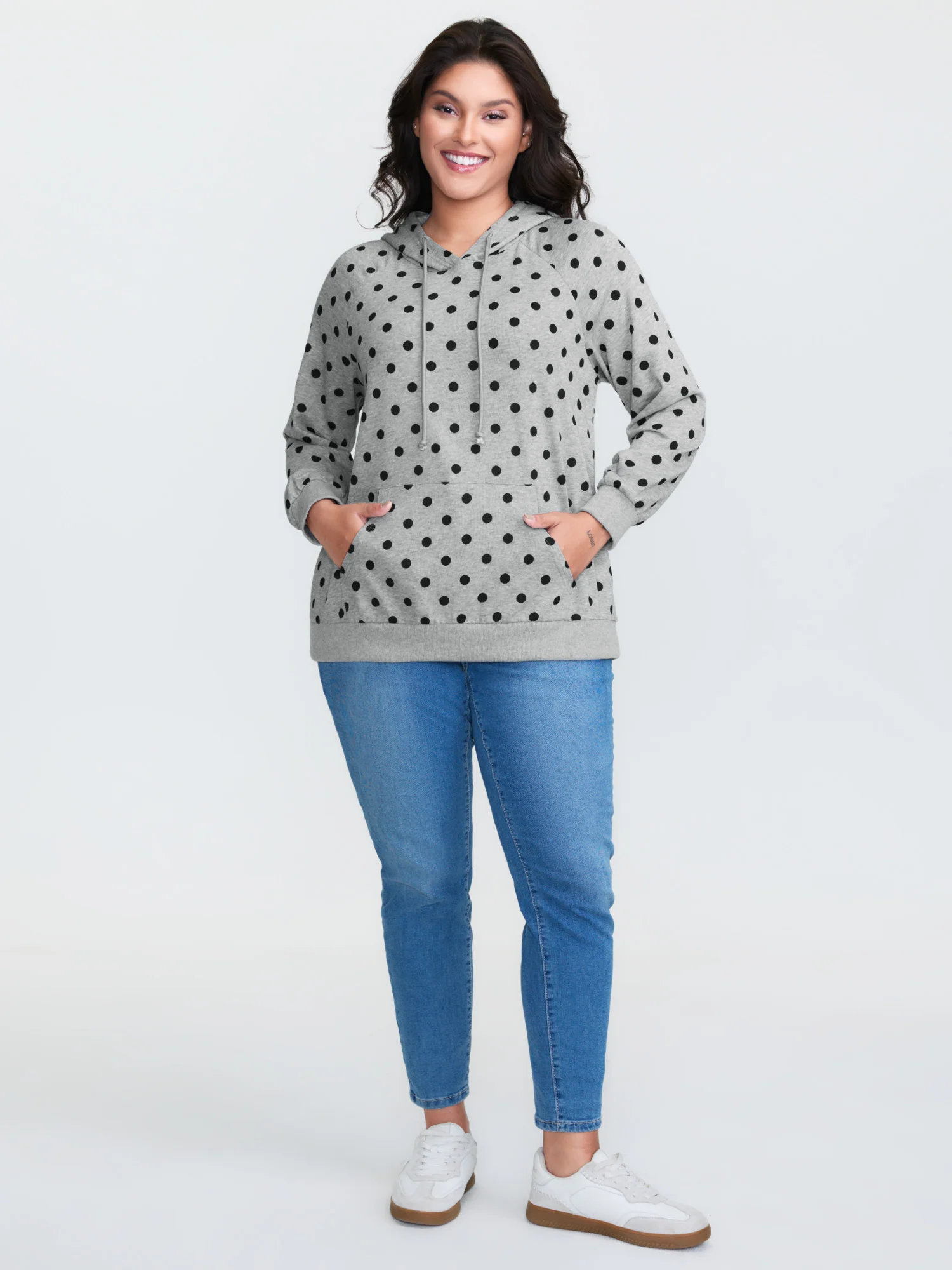 Polka Dot Drawstring Neck Hoodie - Image 3