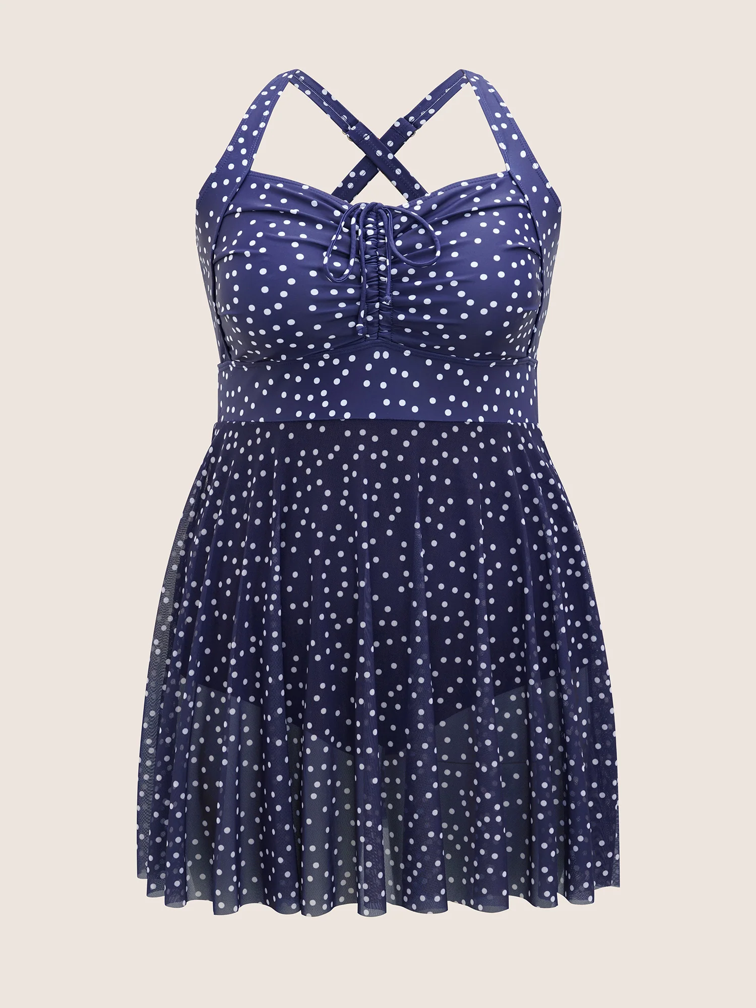 Polka Dot Drawstring Patchwork See Through Swim Dress - Image 7