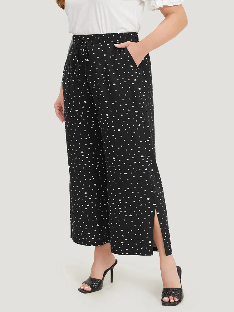 Polka Dot Drawstring Pocket Split Hem Pants - Image 2