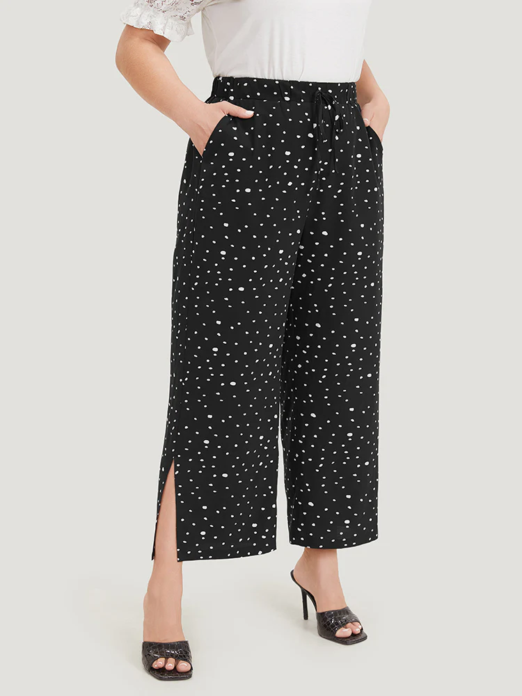 Polka Dot Drawstring Pocket Split Hem Pants - Image 3