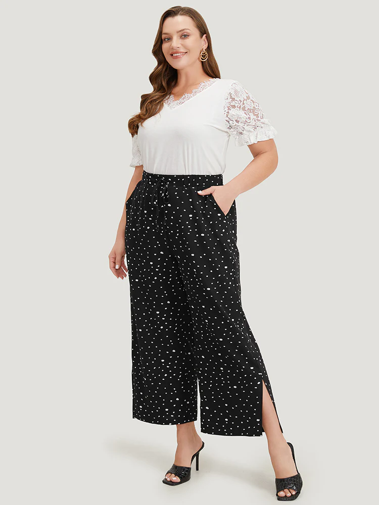 Polka Dot Drawstring Pocket Split Hem Pants - Image 5