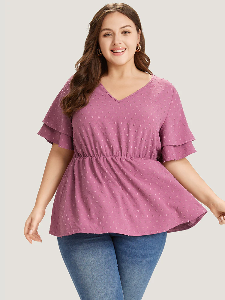 Polka Dot Elastic Waist Ruffle Sleeve Layered Blouse - Image 2