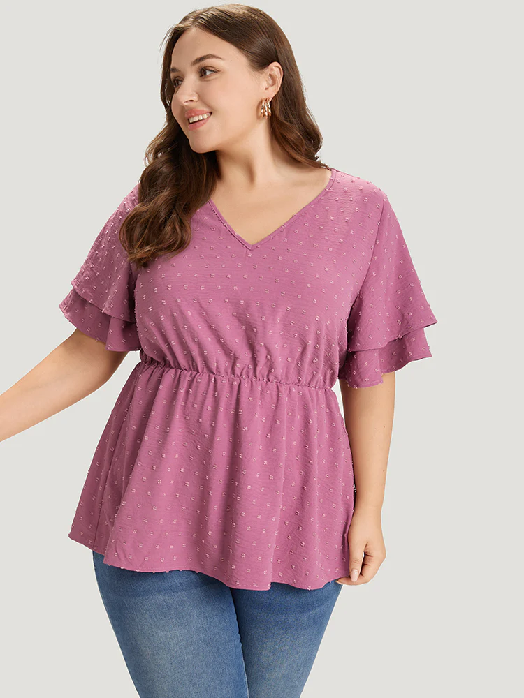 Polka Dot Elastic Waist Ruffle Sleeve Layered Blouse - Image 3
