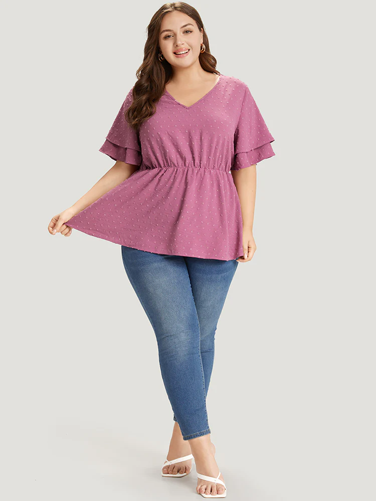 Polka Dot Elastic Waist Ruffle Sleeve Layered Blouse - Image 4