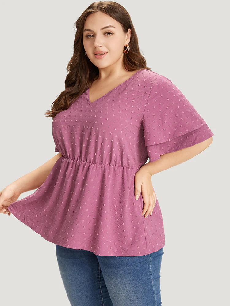 Polka Dot Elastic Waist Ruffle Sleeve Layered Blouse - Image 5