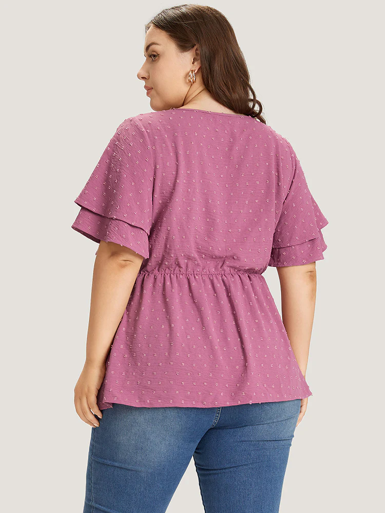 Polka Dot Elastic Waist Ruffle Sleeve Layered Blouse - Image 6