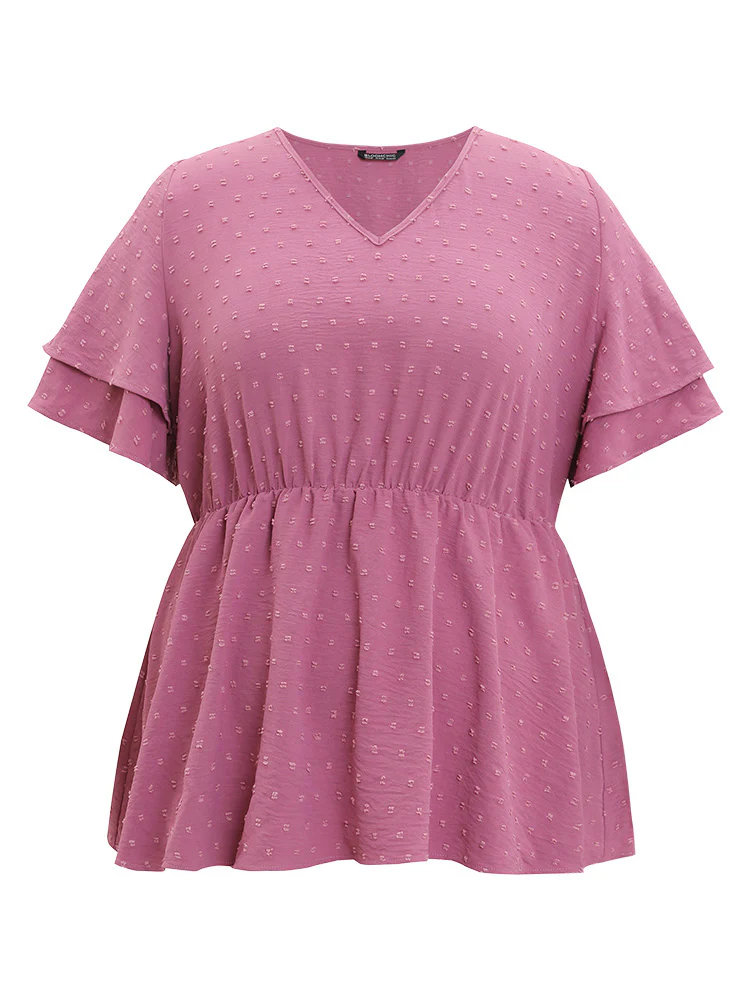 Polka Dot Elastic Waist Ruffle Sleeve Layered Blouse - Image 9