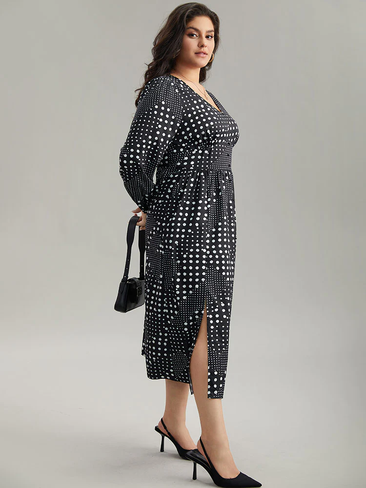Polka Dot Elastic Waist Split Hem Dress - Image 3
