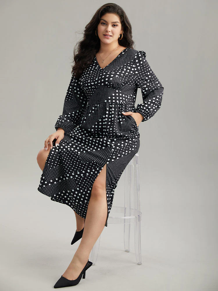 Polka Dot Elastic Waist Split Hem Dress - Image 4