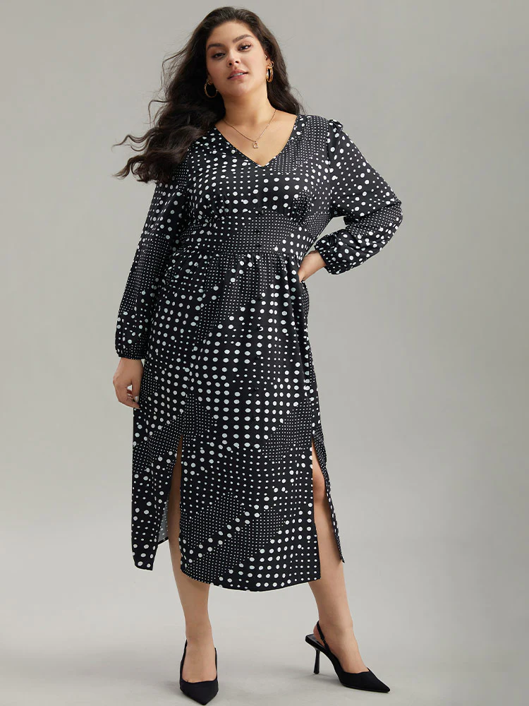 Polka Dot Elastic Waist Split Hem Dress - Image 5