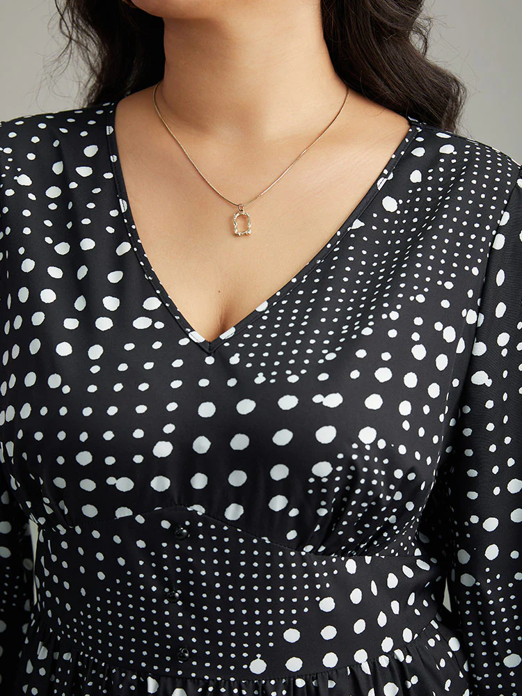 Polka Dot Elastic Waist Split Hem Dress - Image 7