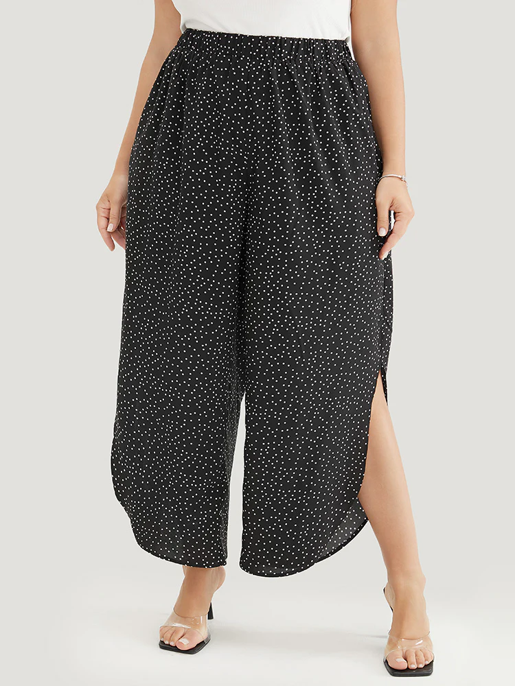 Polka Dot Elastic Waist Split Hem Pants
