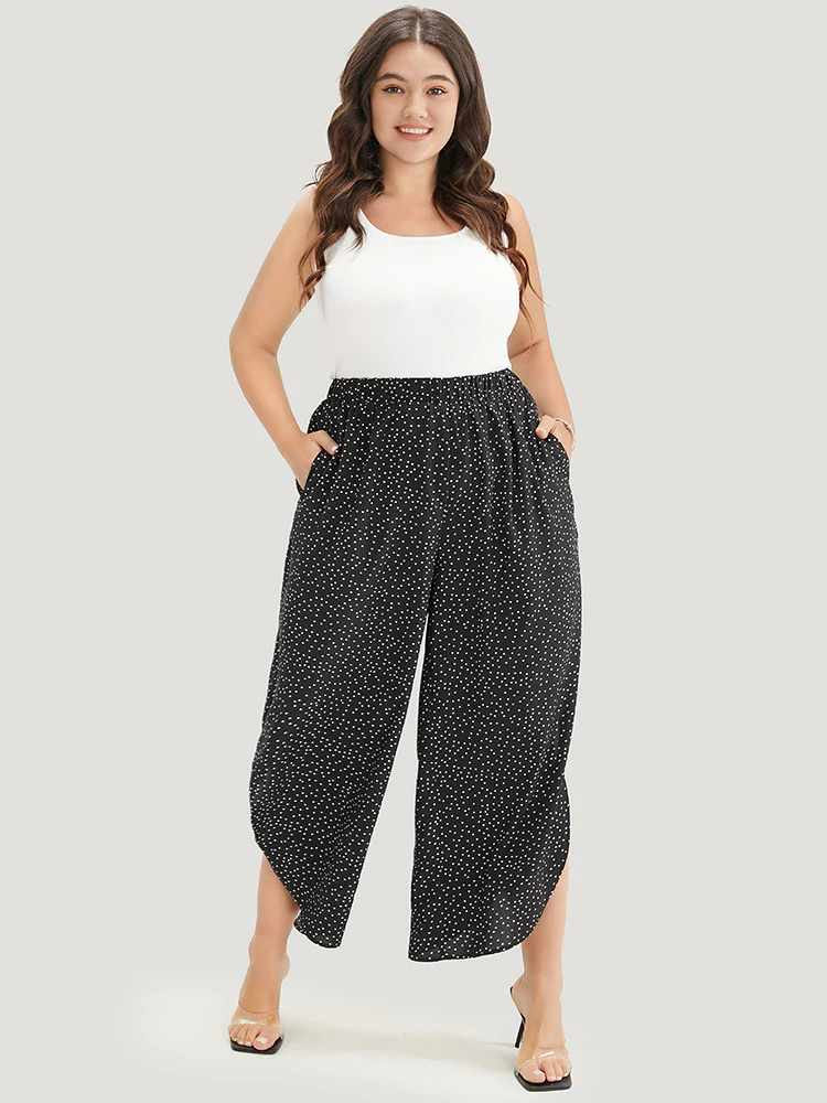 Polka Dot Elastic Waist Split Hem Pants - Image 2
