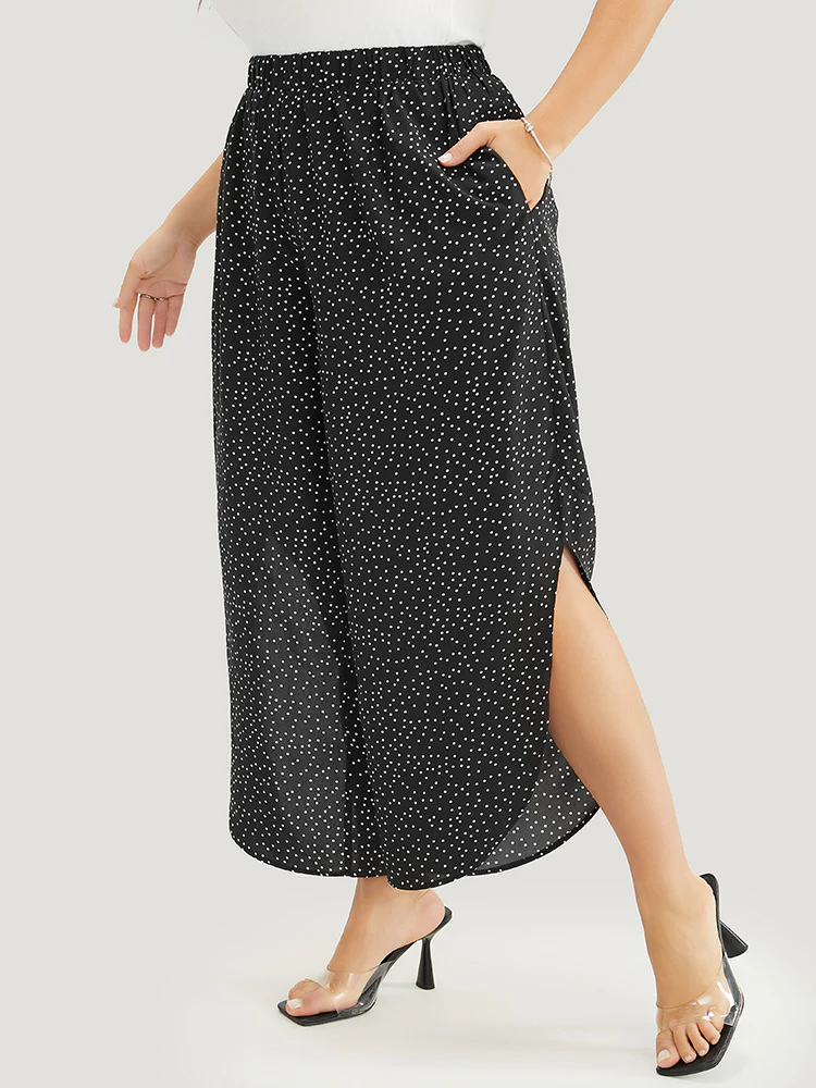 Polka Dot Elastic Waist Split Hem Pants - Image 3