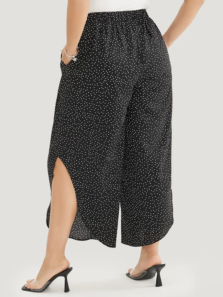 Polka Dot Elastic Waist Split Hem Pants - Image 4