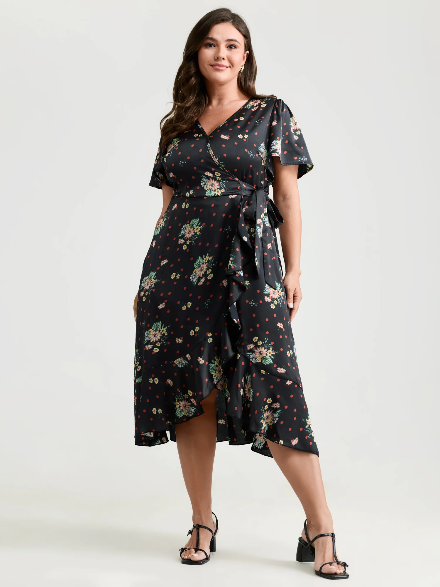 Polka Dot Floral Print Wrap Front Midi Dress - Image 3