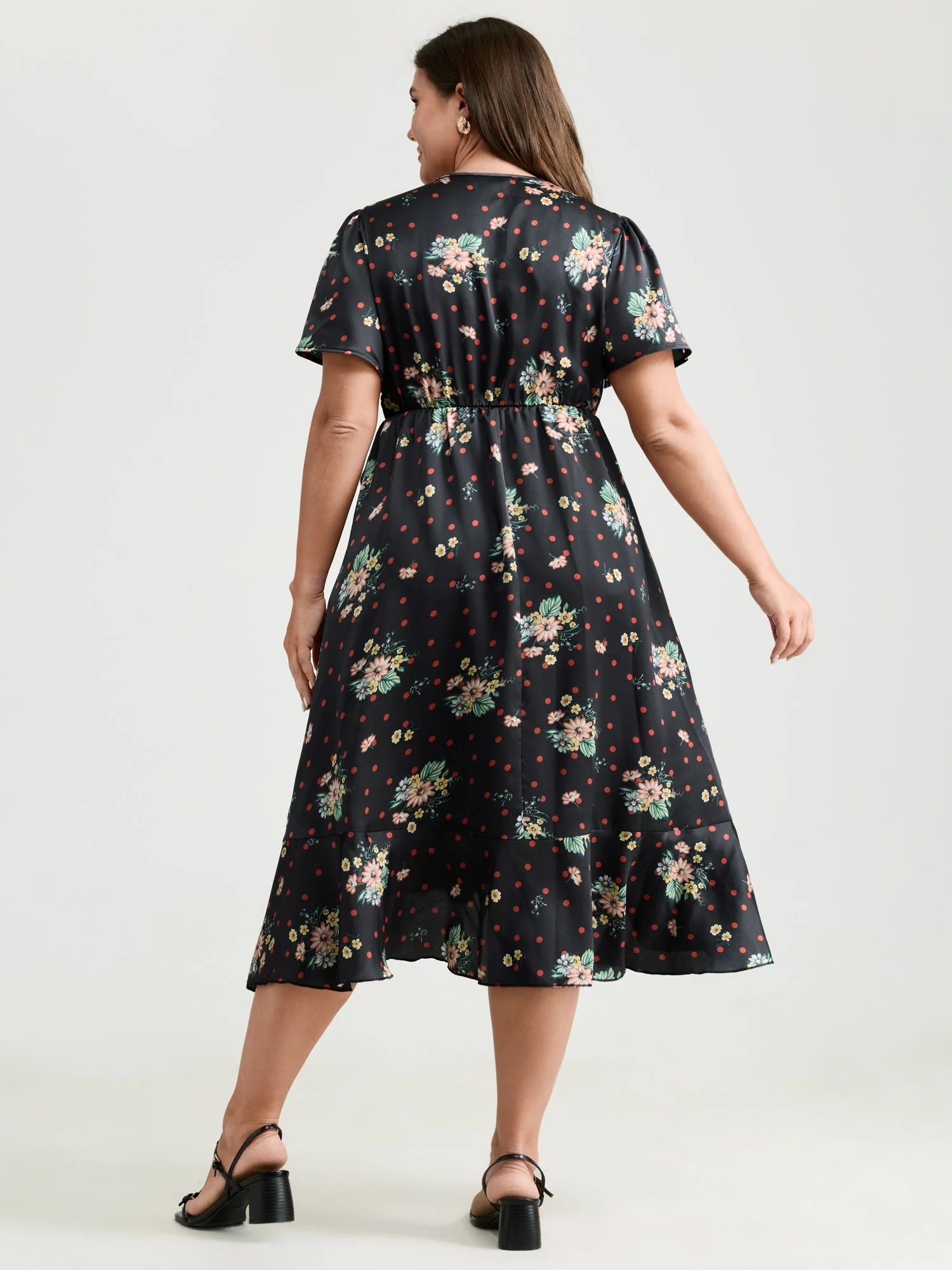 Polka Dot Floral Print Wrap Front Midi Dress - Image 4