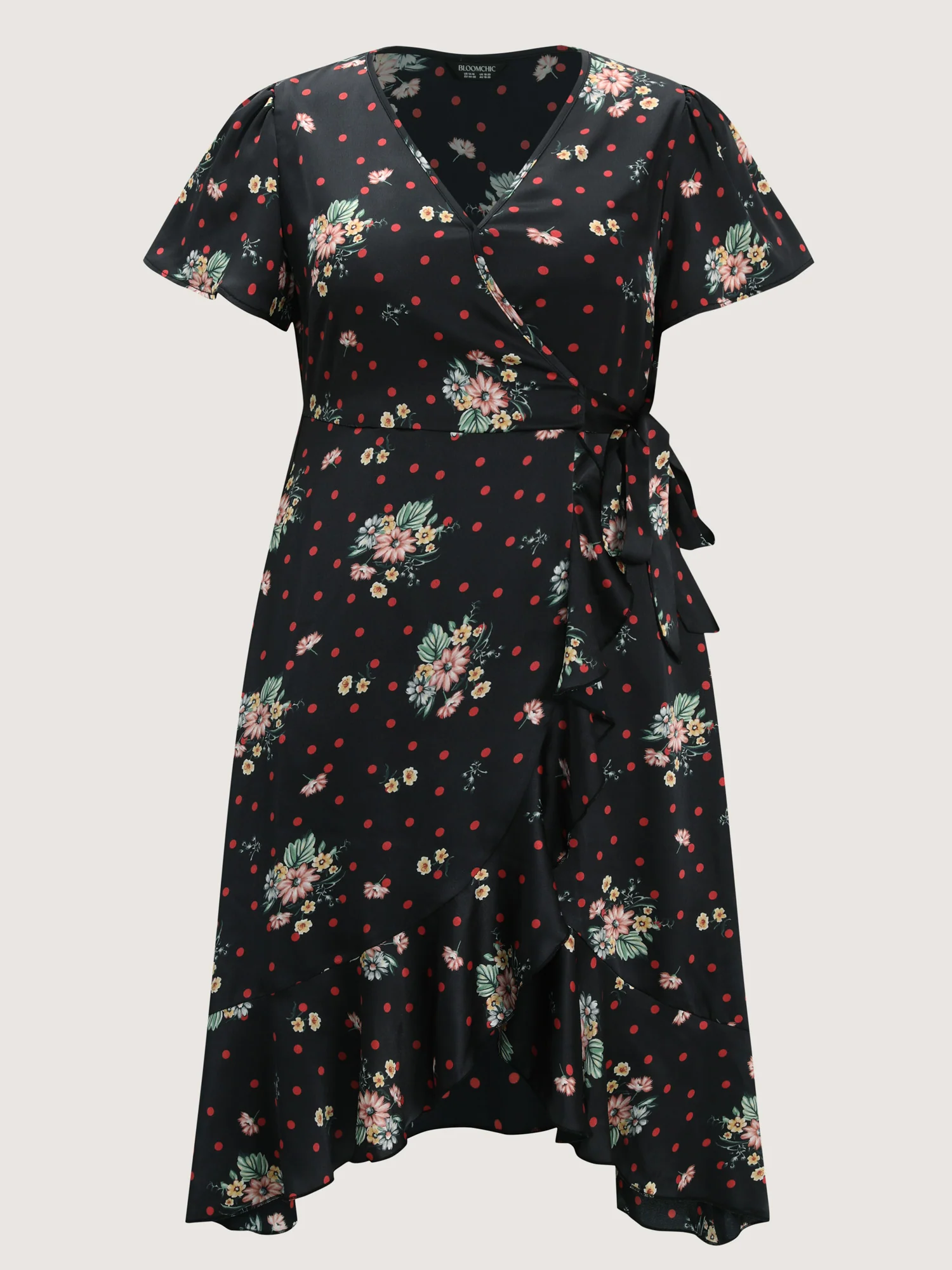 Polka Dot Floral Print Wrap Front Midi Dress - Image 7