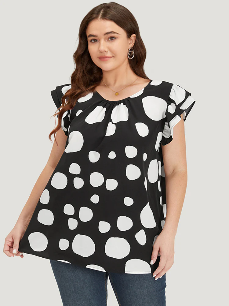 Polka Dot Flutter Cap Sleeve Tiered Blouse - Image 2