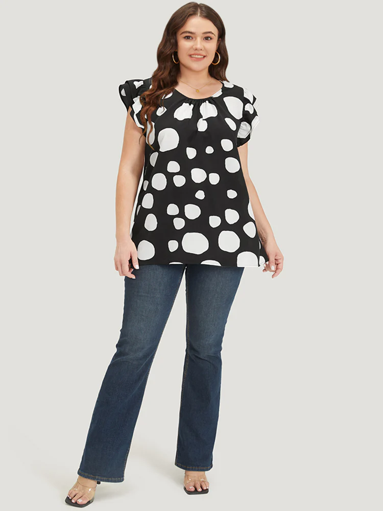 Polka Dot Flutter Cap Sleeve Tiered Blouse - Image 3