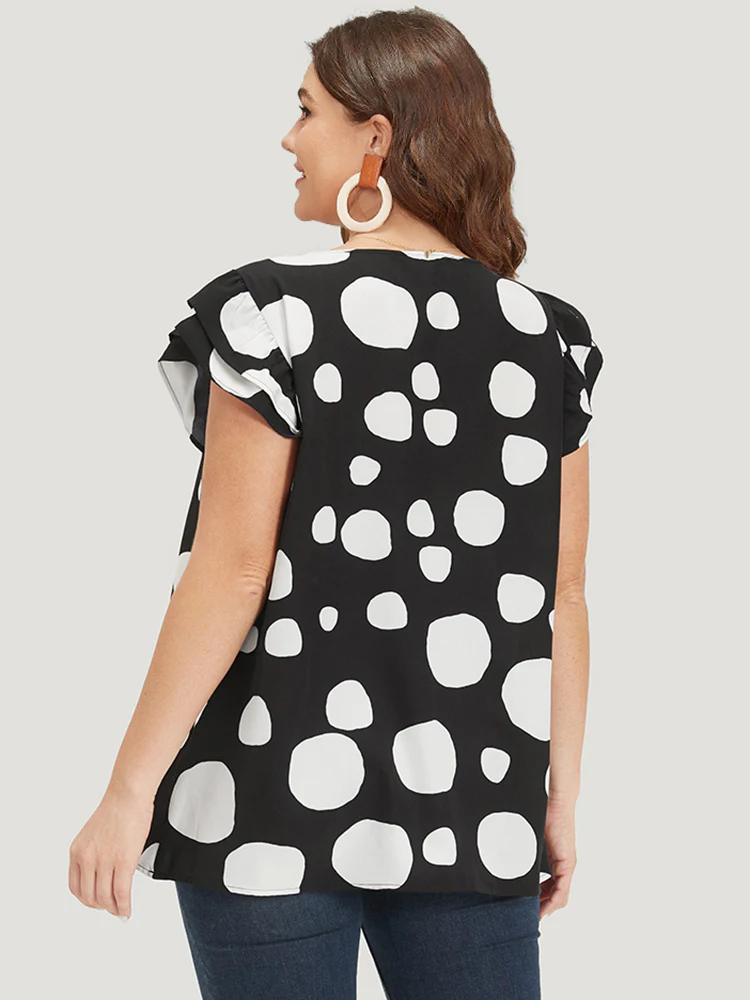 Polka Dot Flutter Cap Sleeve Tiered Blouse - Image 4