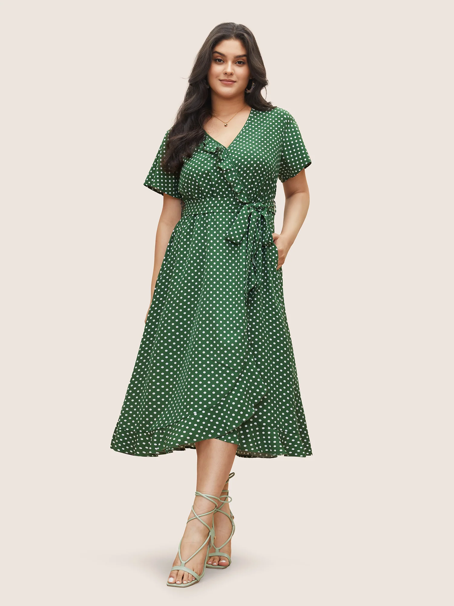 Polka Dot Flutter Trim Belted Overlap Collar Dress - Image 2