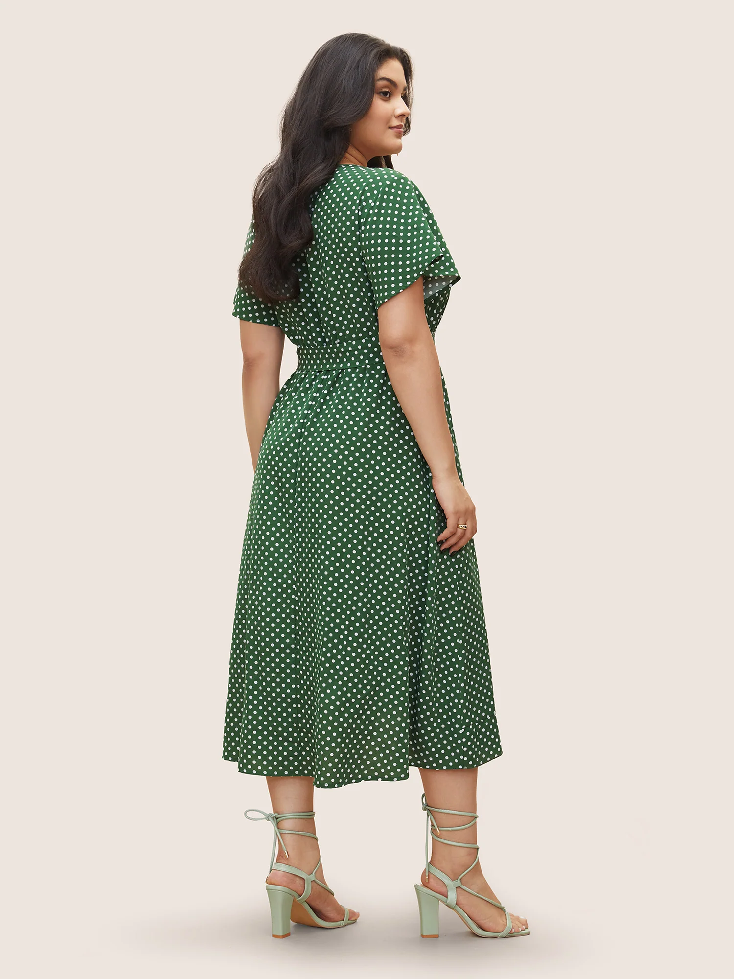Polka Dot Flutter Trim Belted Overlap Collar Dress - Image 3