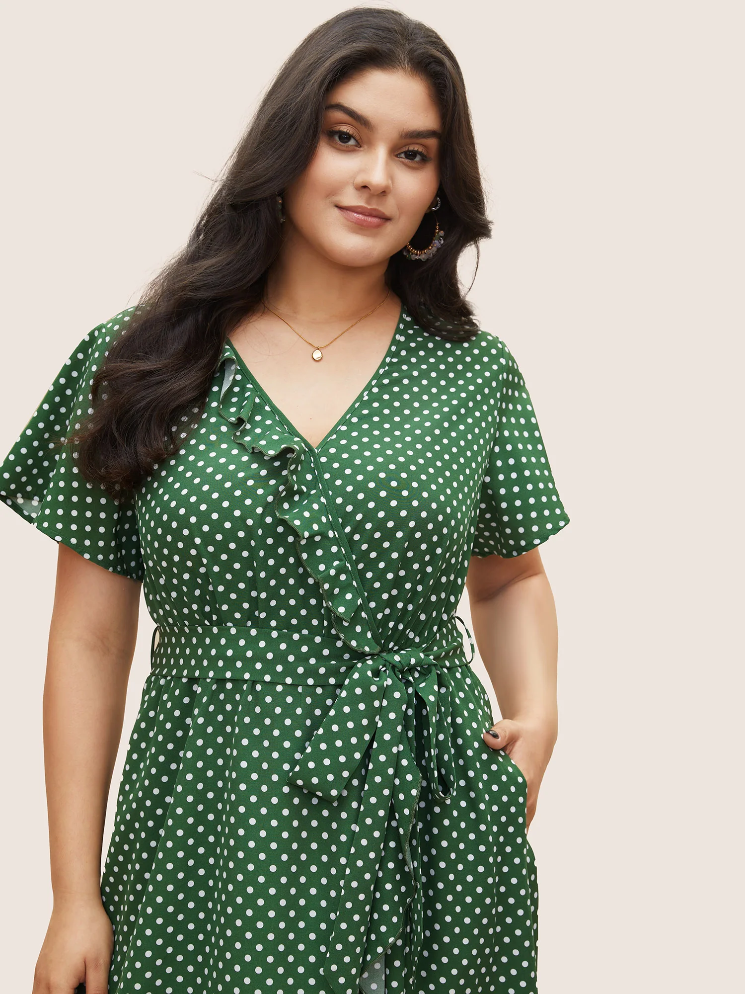 Polka Dot Flutter Trim Belted Overlap Collar Dress - Image 4