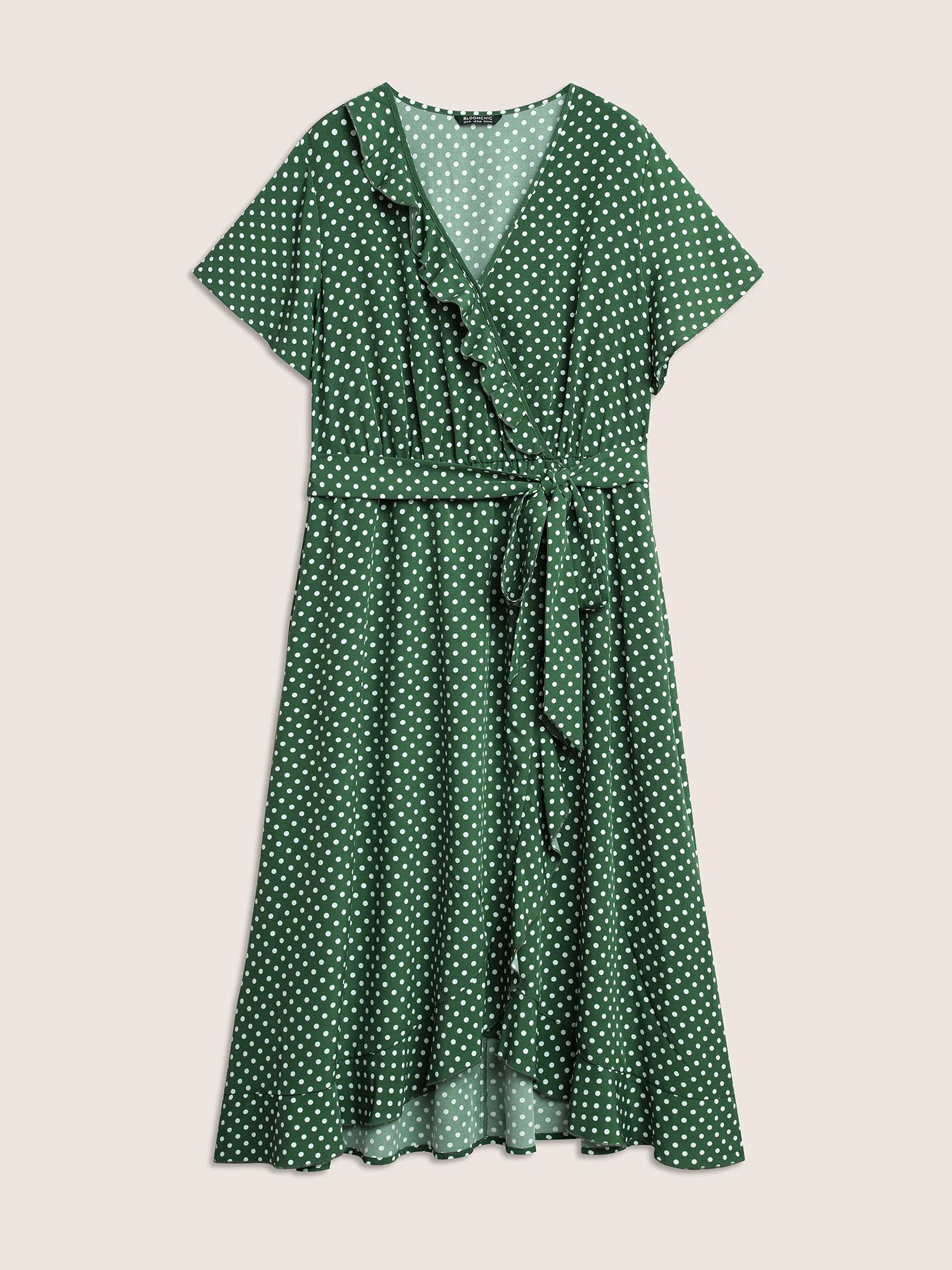 Polka Dot Flutter Trim Belted Overlap Collar Dress - Image 7