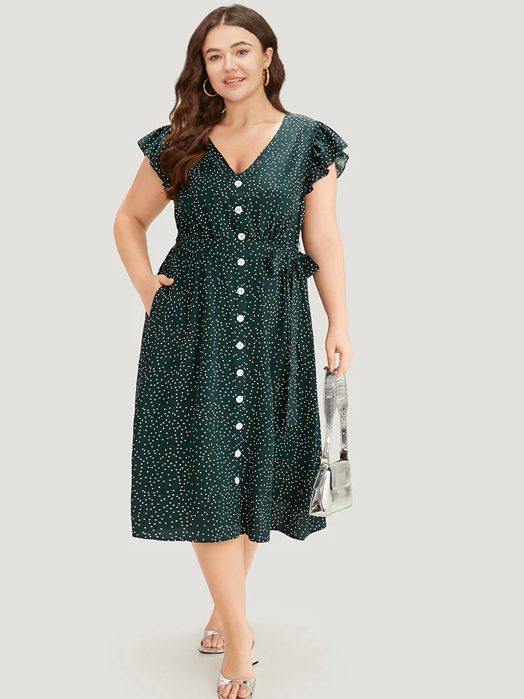 Polka Dot Flutter Trim Button Detail Belted Dress - Image 2