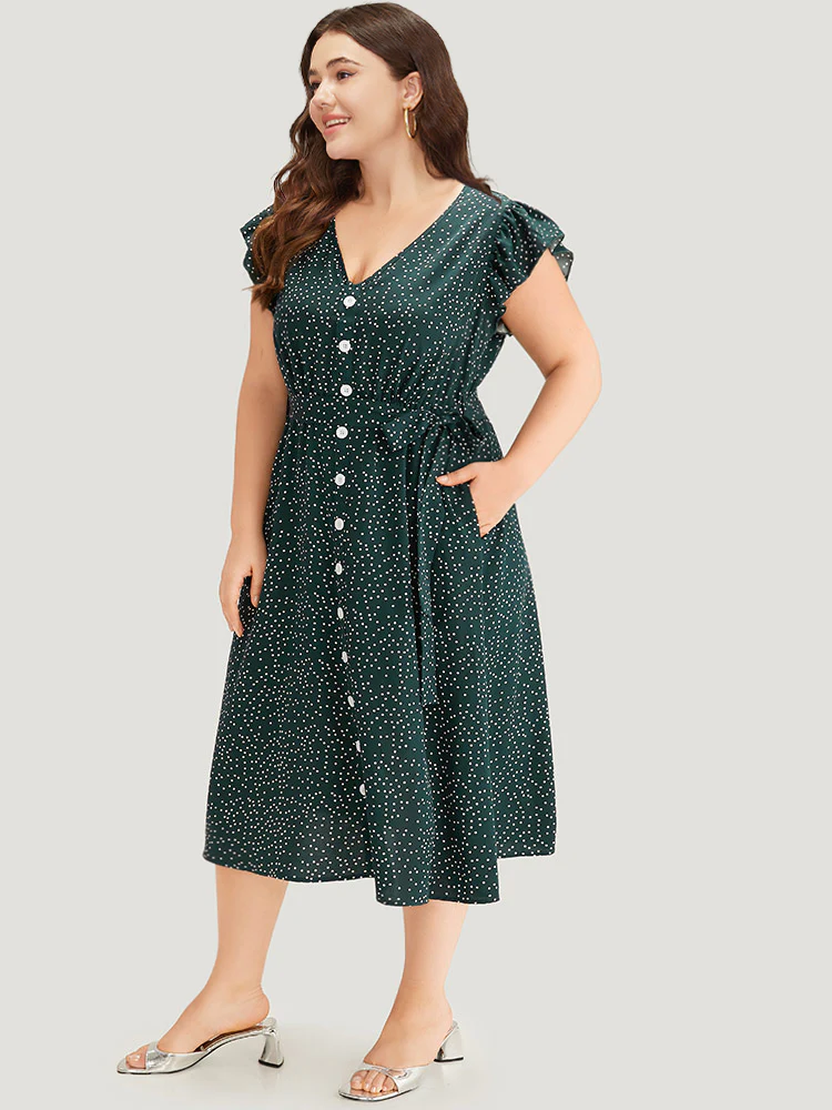 Polka Dot Flutter Trim Button Detail Belted Dress - Image 3