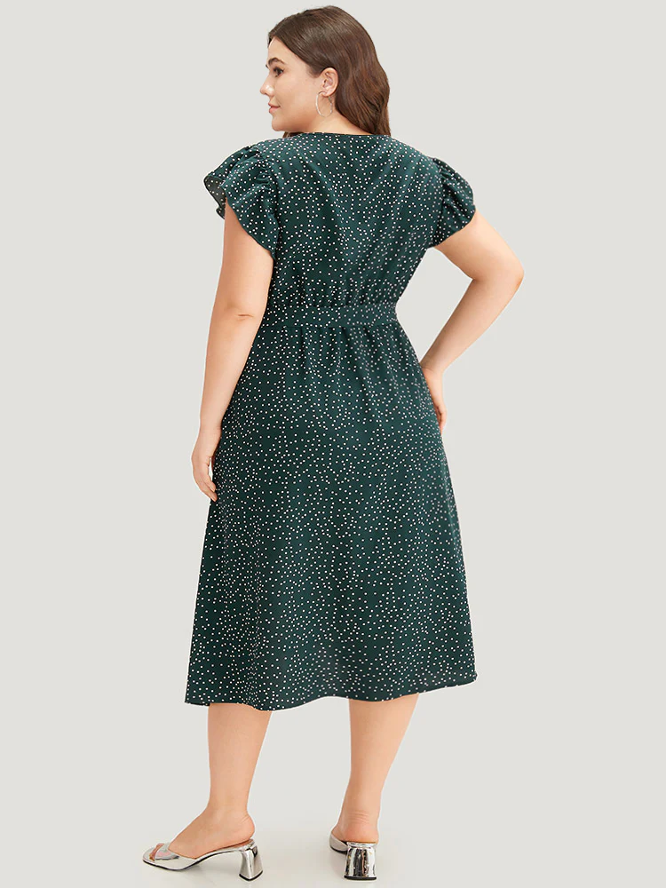Polka Dot Flutter Trim Button Detail Belted Dress - Image 4