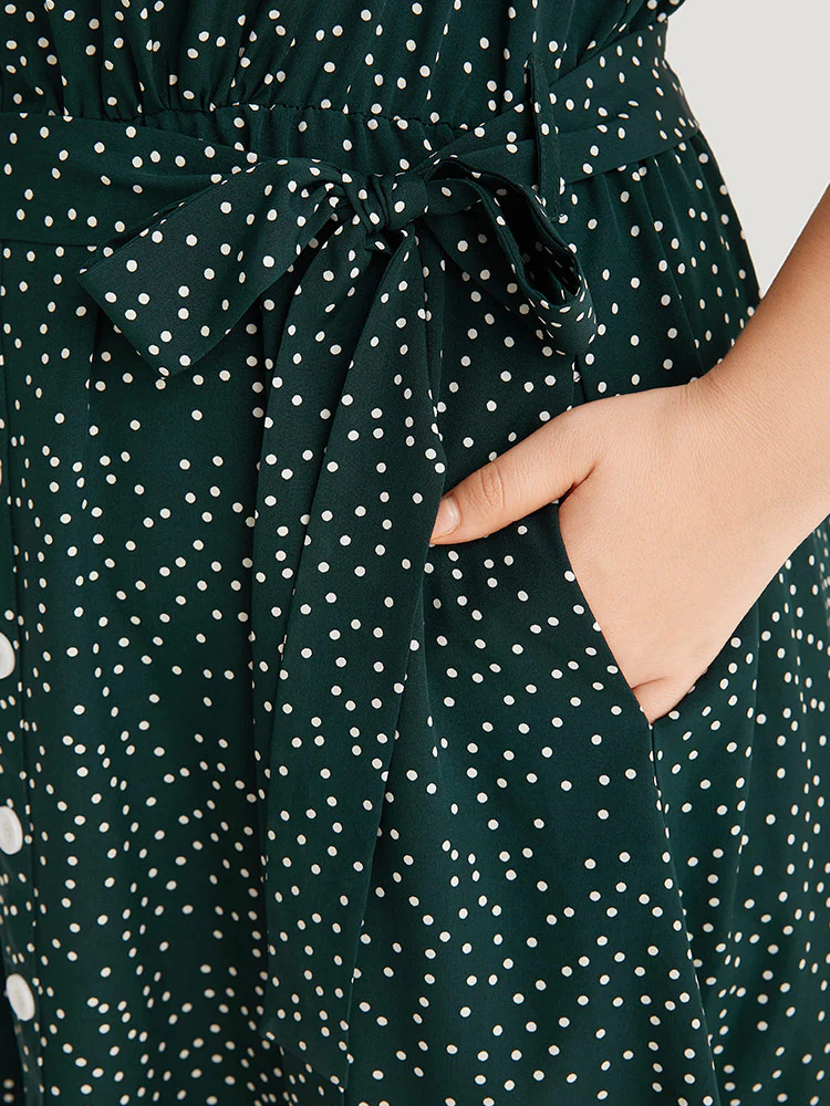 Polka Dot Flutter Trim Button Detail Belted Dress - Image 6