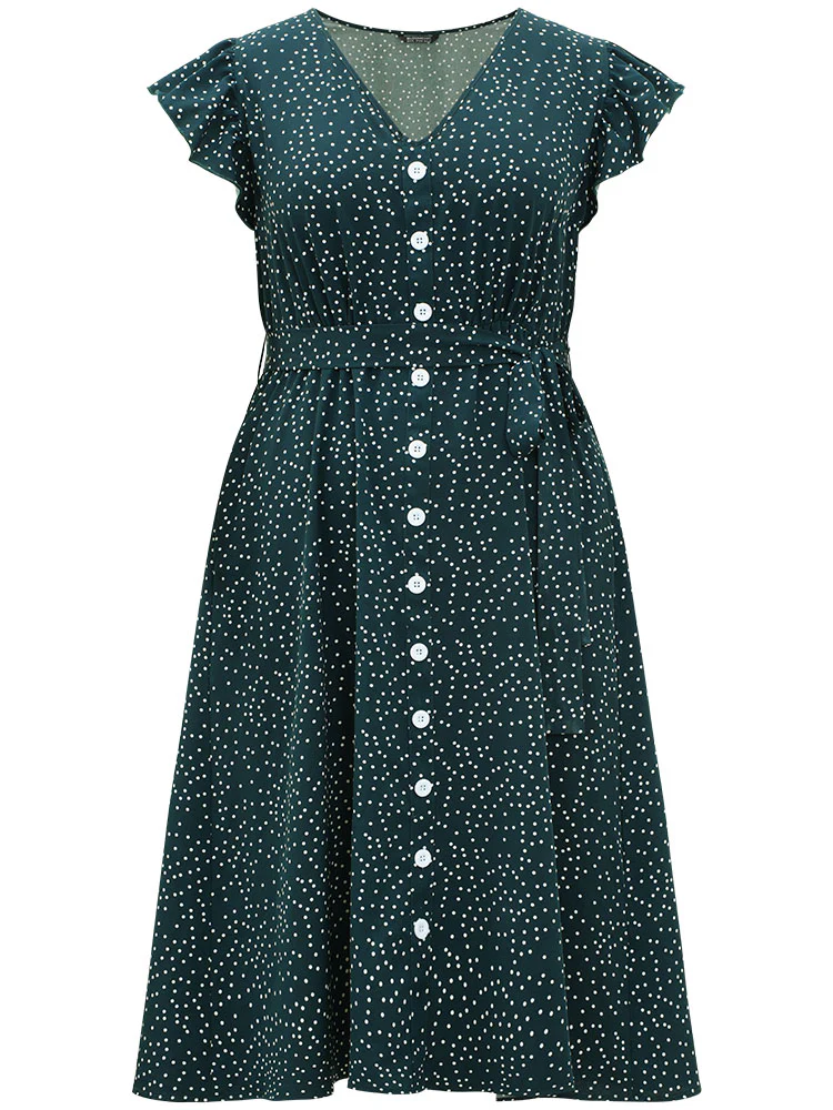 Polka Dot Flutter Trim Button Detail Belted Dress - Image 7