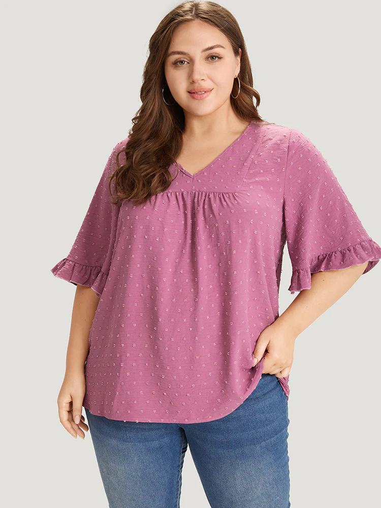 Polka Dot Flutter Trim Gathered Blouse - Image 2