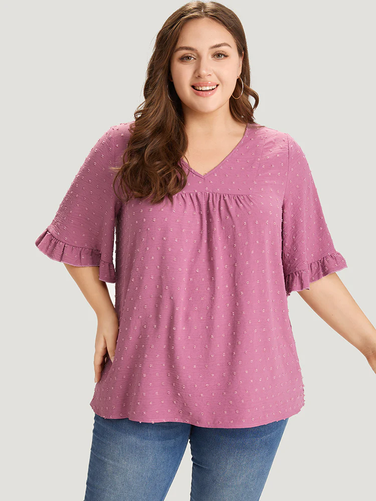 Polka Dot Flutter Trim Gathered Blouse - Image 3