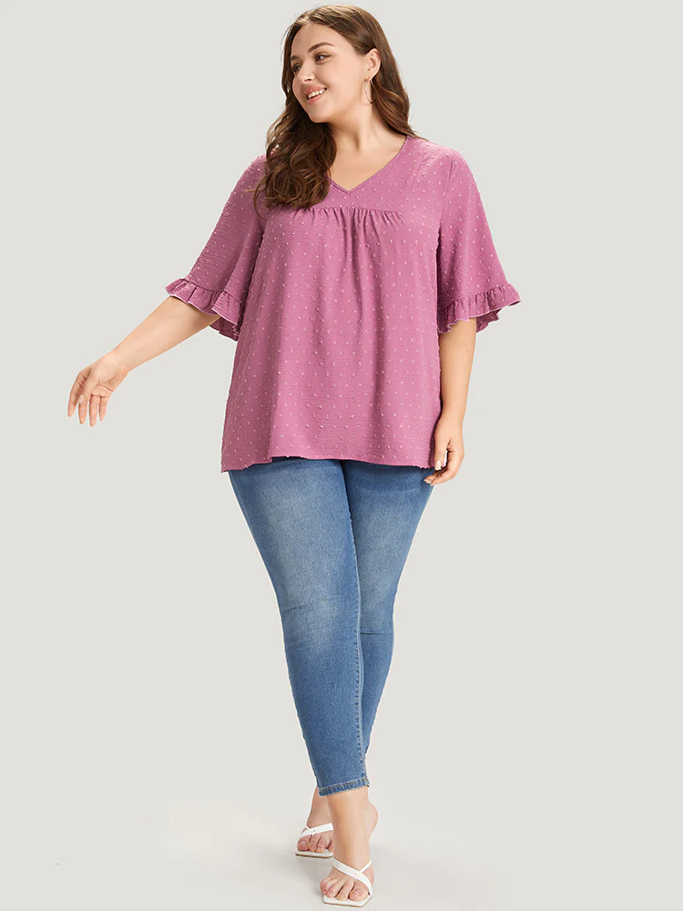 Polka Dot Flutter Trim Gathered Blouse - Image 6