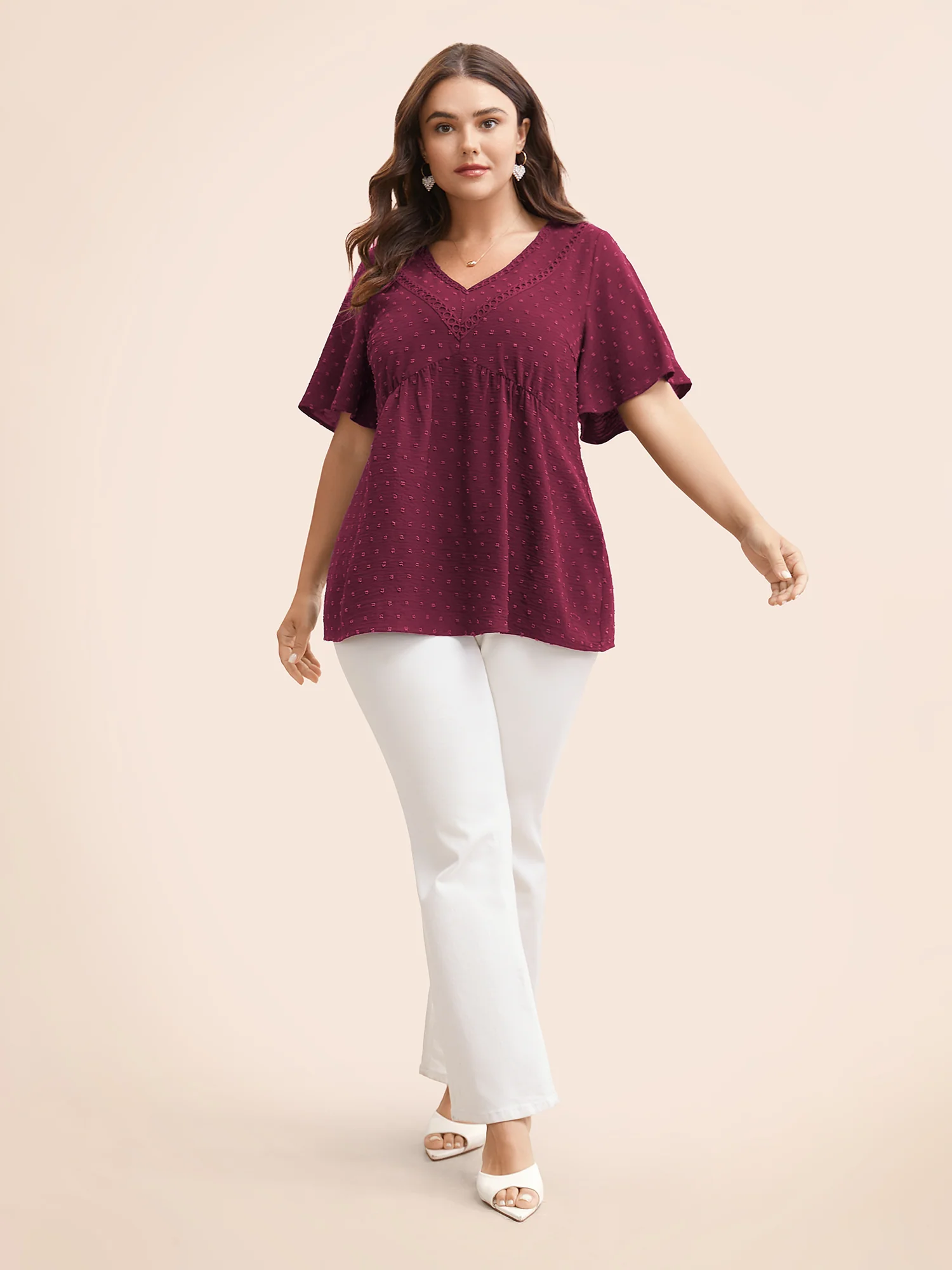 Polka Dot Frill Trim V Neck Flutter Blouse - Image 2