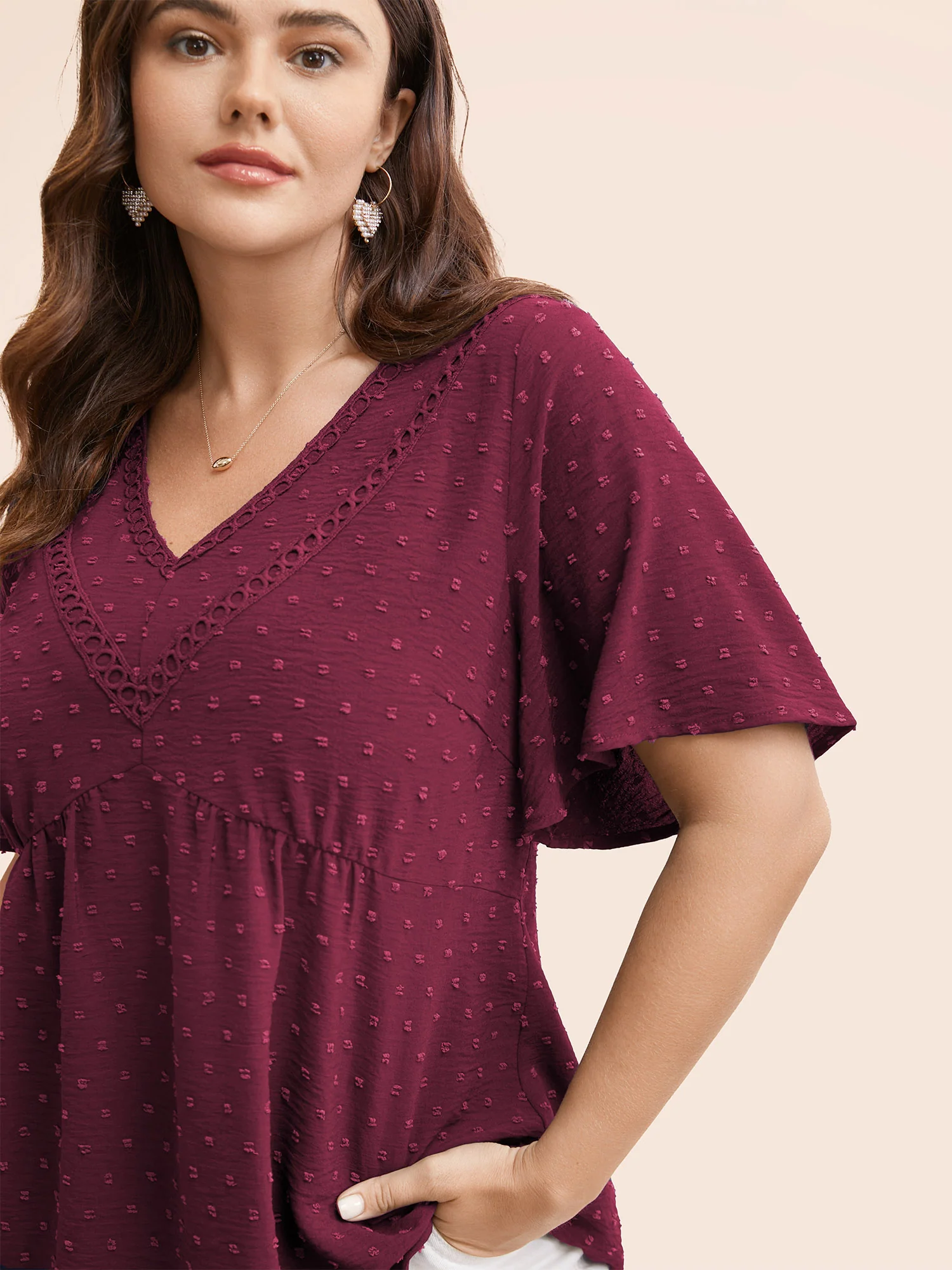 Polka Dot Frill Trim V Neck Flutter Blouse - Image 3