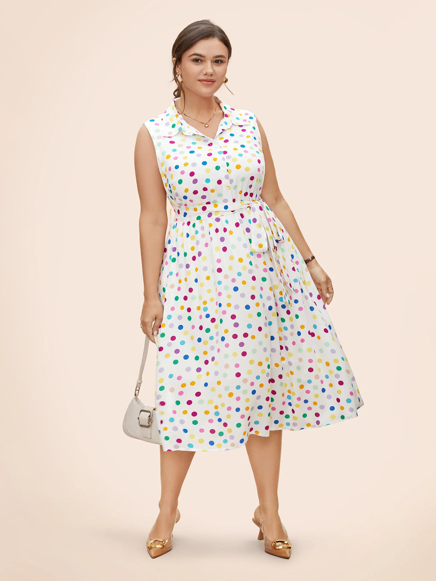Polka Dot Front Tie Midi Shirt Dress - Image 2