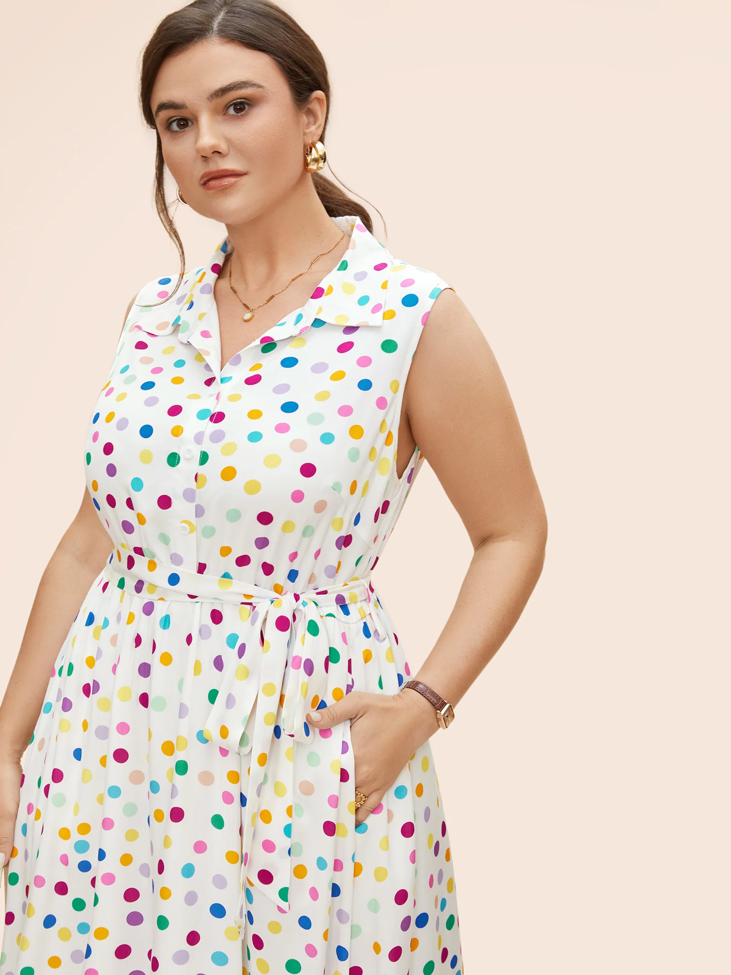 Polka Dot Front Tie Midi Shirt Dress - Image 4
