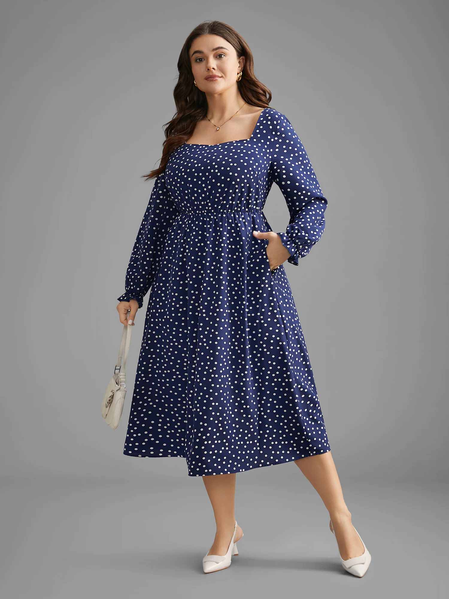 Polka Dot Heart Neckline Midi Dress - Image 2