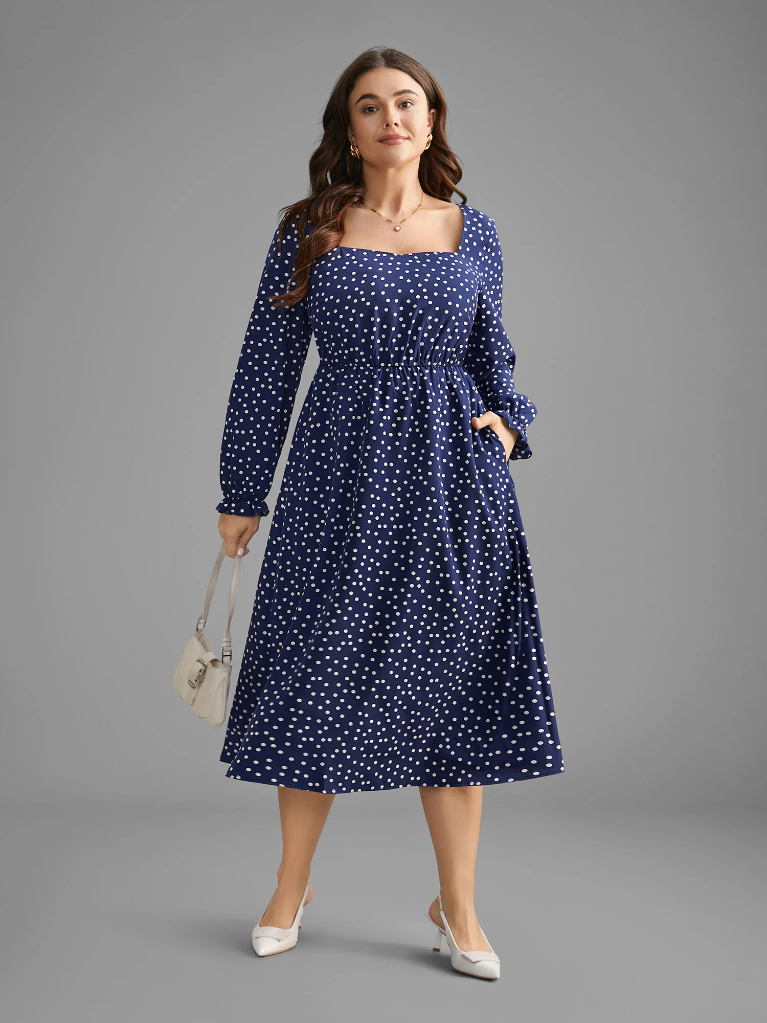 Polka Dot Heart Neckline Midi Dress - Image 4