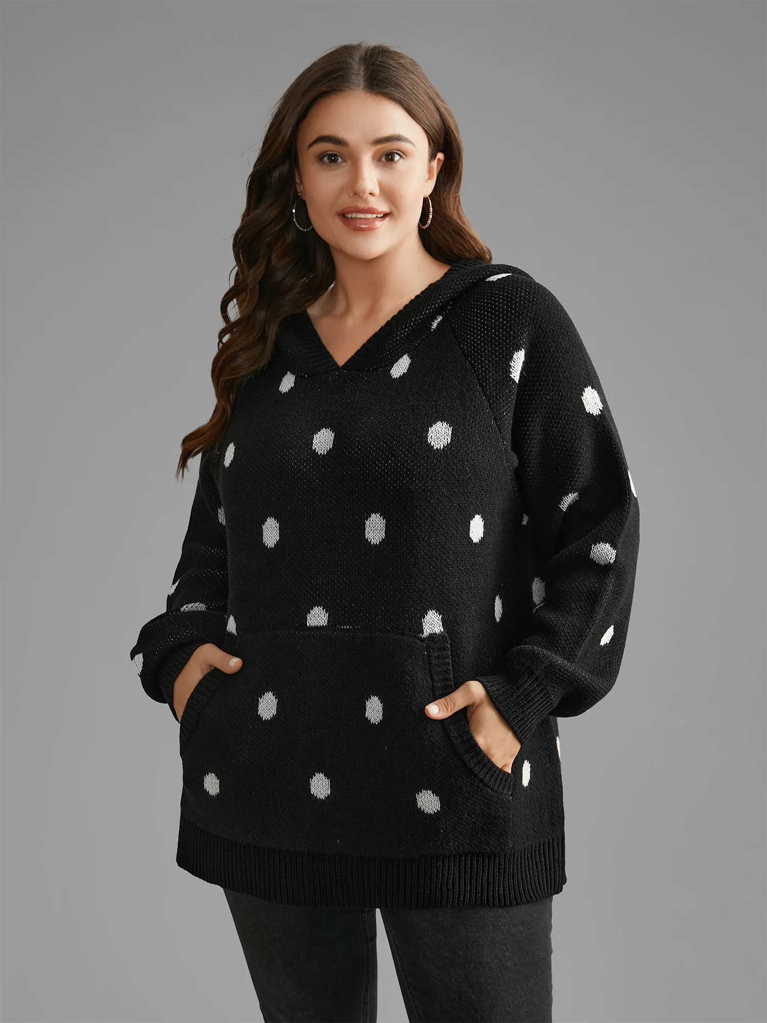 Polka Dot Hooded Patch Pocket Pullover - Image 2