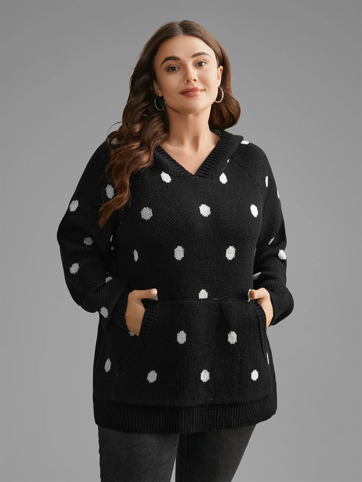 Polka Dot Hooded Patch Pocket Pullover - Image 3