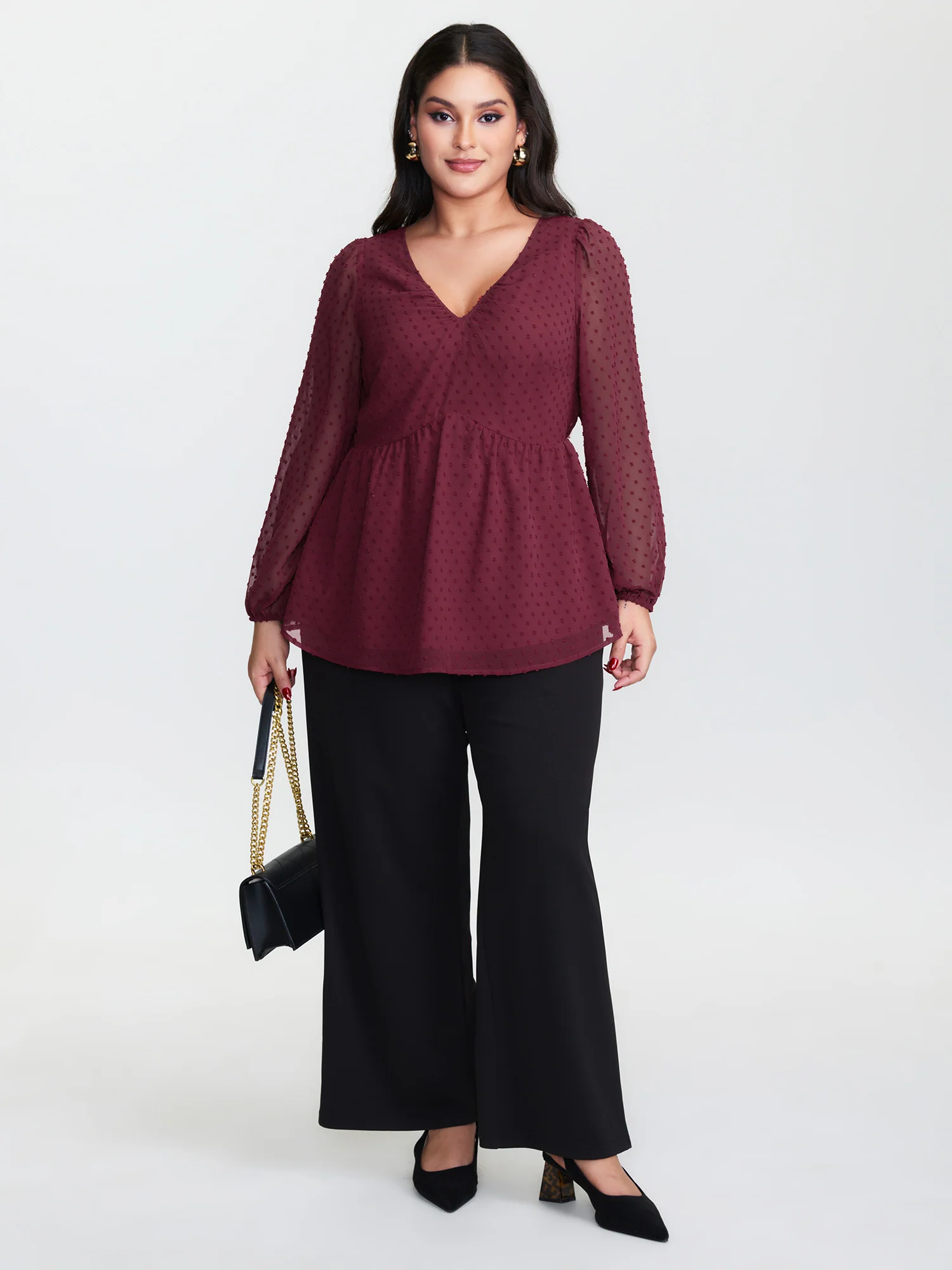 Polka Dot Jacquard Textured Shirred Blouse - Image 2