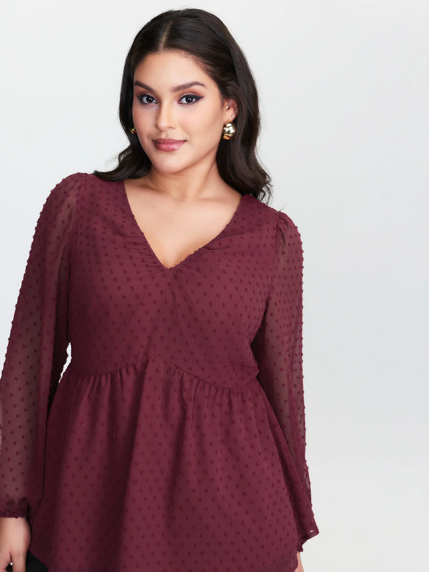 Polka Dot Jacquard Textured Shirred Blouse - Image 3