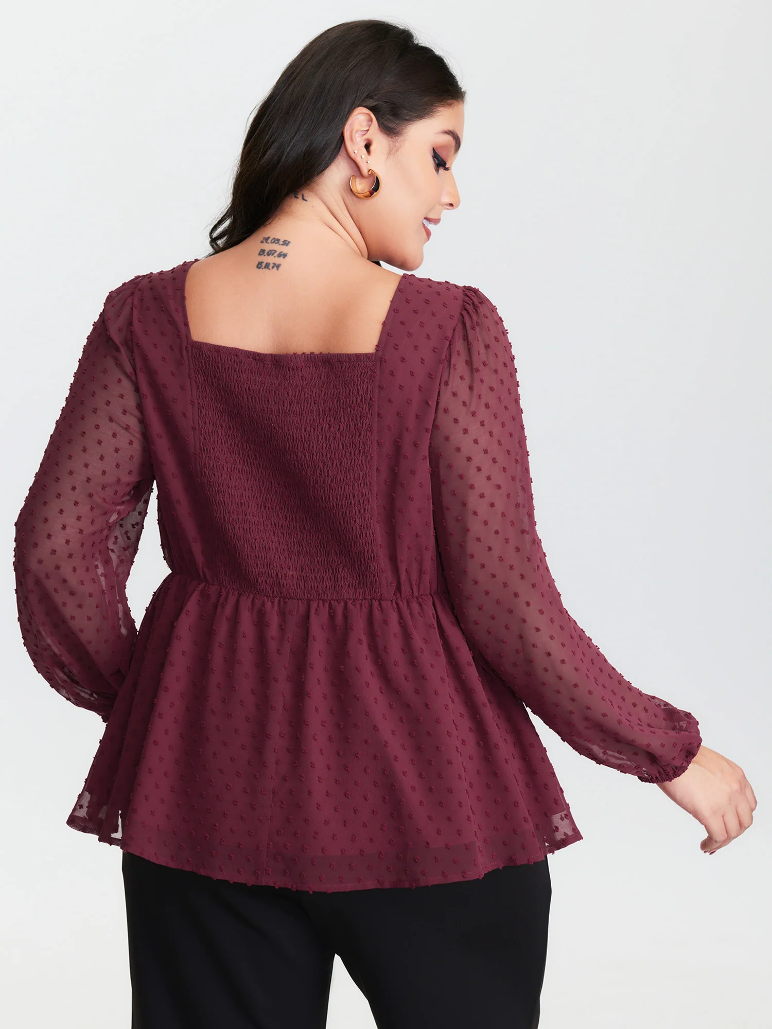 Polka Dot Jacquard Textured Shirred Blouse - Image 4