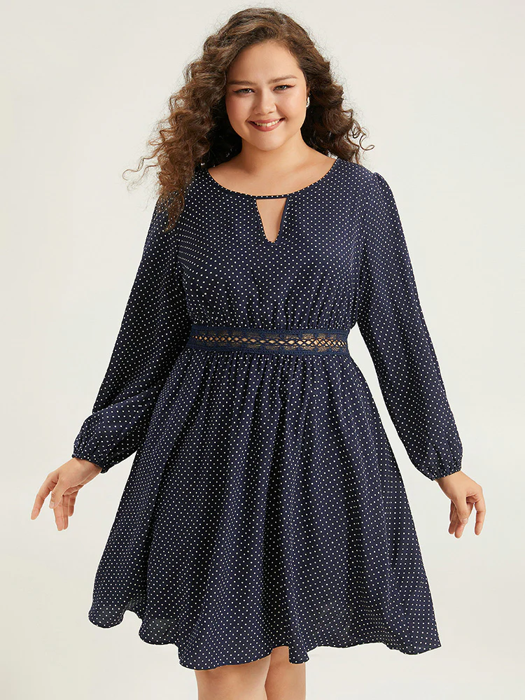Polka Dot Keyhole Lace Panel Dress - Image 2